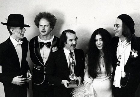 David Bowie, Art Garfunkel, Paul Simon, Yoko Ono and John Lennon at the Uris Theater in New York City, New York (Photo by Ron Galella/WireImage)
